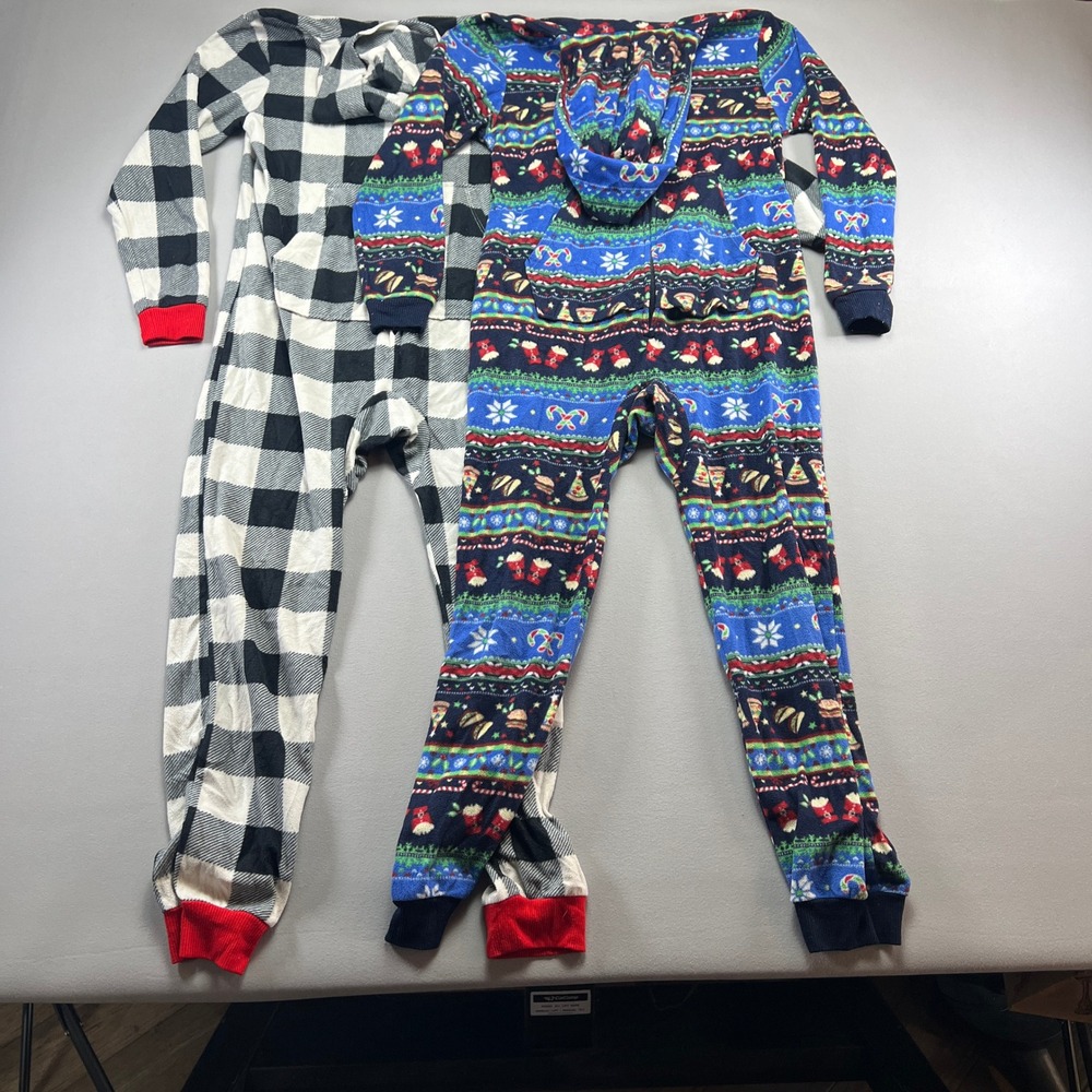 Set Of 2 Cat & Jack Suit Pajamas Boys Large 10-12 Multi Plaid Hooded Sleepwear